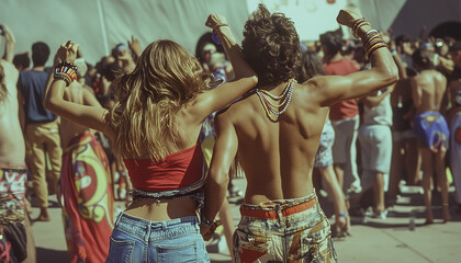 Fototapeta premium Disposable camera Kodak Gold 200 style wide shot of a a guy and a girl, doing a dance off at a rave