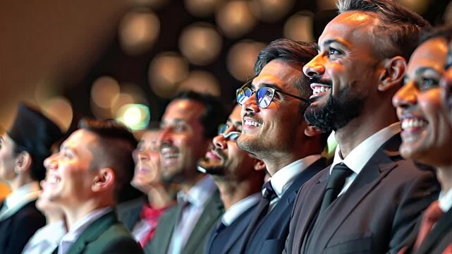 Captivated Audience: A diverse group of business professionals, united by their smiles, intently watch a presentation, their faces glowing with anticipation and engagement at a corporate event. 