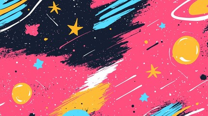 Naklejka premium Colorful abstract illustration featuring planets, stars, and cosmic elements on a vibrant pink background