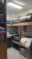 university dorm room for male students, featuring bunk beds and functional furniture.