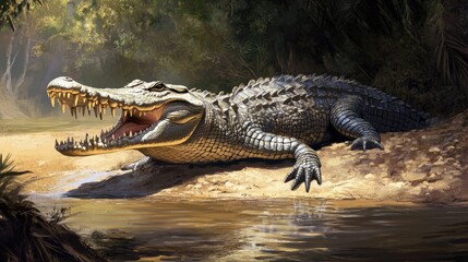 Obraz premium A Nile crocodile basking on the riverbank, with its powerful jaws open, ready to catch prey, portraying the strength of reptiles