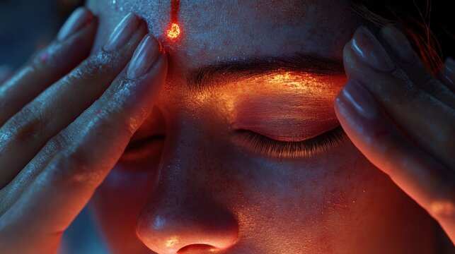 Hands carefully apply tilak on the forehead, symbolizing devotion during a sacred ritual