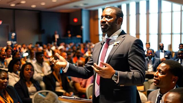 The Power of Voice: A captivating speaker commands the attention of a diverse audience, his passion igniting inspiration in a professional conference setting. 
