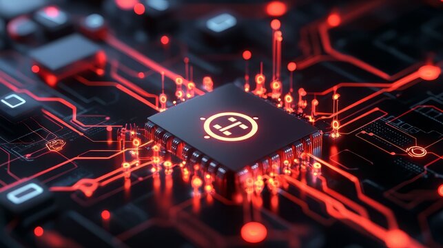 Close-up of a modern microchip on a circuit board, illuminated with bright red lights, showcasing advanced technology.
