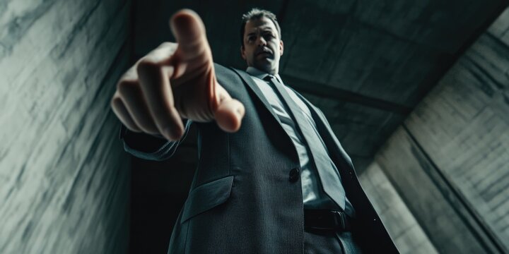 Mysterious businessman with ambiguous intentions in a corporate attire, in a tunnel setting with shadowy lighting and suspenseful atmosphere.