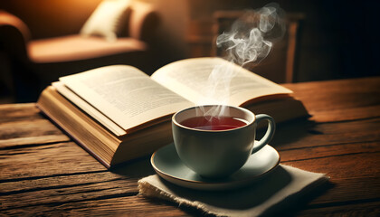 Cozy Reading Corner with Open Book and Steaming Cup of Tea on Wooden Table