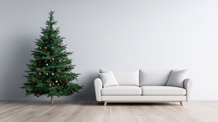 Cozy living room featuring a Christmas tree next to a stylish sofa, ideal for holiday decoration and seasonal warmth.