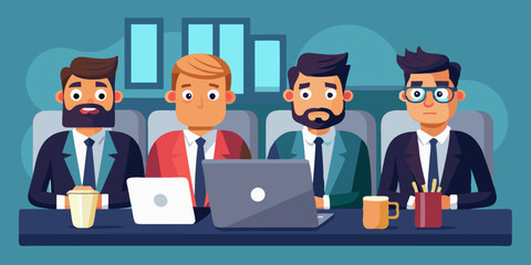 Set of business man character sitting at a desk in front of a laptop. Deadline. Office worker with different emotions
