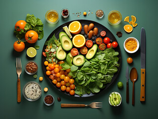 Seasonal green vegetable salad with herbs and tomato