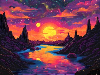 Surreal Sunset Landscape with Mountains and Stars.