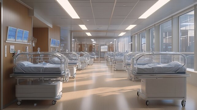 A spacious, modern hospital room featuring multiple empty incubators, highlighting the advanced neonatal care facilities. Ideal for content related to healthcare, medical advancements
