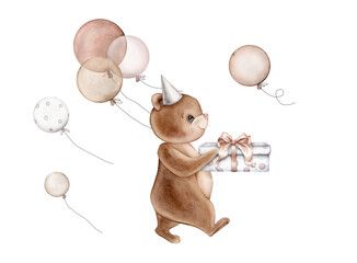 Teddy Bear in birthday cap and gift watercolor illustration. Hand drawn sketch of cute animal and balloon in pastel colors for Baby shower invitations for birthday greeting cards. Drawing for childish