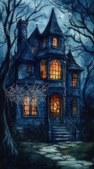 Mysterious haunted house at night, featuring glowing windows, cobwebs, and eerie surroundings. Ideal for Halloween themes.