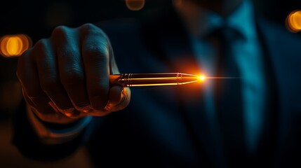 A refined 3D financial planner holding a glowing pen, symbolizing the meticulous art of strategic financial planning.