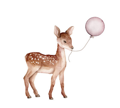 Watercolor Air Balloons and deer on isolated background. Hand drawn illustration for greeting cards with animal. Set of objects for party celebration. Happy birthday decor