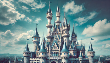 Majestic Castle with Towering Spires Under a Clear Blue Sky