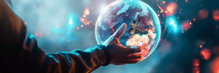 A person's hand grasps a holographic Earth with glowing points, depicting the interconnected and digital nature of modern global communication.