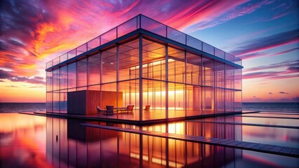 Fototapeta premium Coastal glass building with light orange and magenta hues, Vray rendering, dreamy Redshift atmosphere , coastal