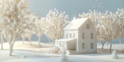 Charming snowy cottage with a warm and cozy invitation. Hand-crafted paper art creates an enchanting winter scene.