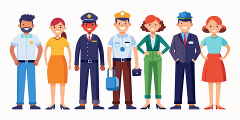 Set of people of different professions. Men and women in uniform in full length on a white background

