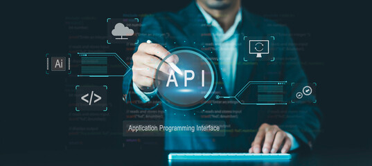 API Application Programming Interface concept, Software development tool, connect services on internet, network data communication, software engineering Ai technology on virtual screen