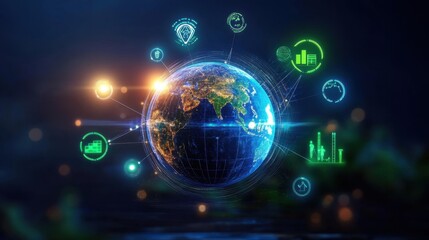 Obraz premium A globe surrounded by green energy icons, with carbon credit symbols orbiting the planet