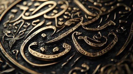 The artwork features detailed Islamic calligraphy, showcasing skilled craftsmanship and cultural significance in a serene mosque environment