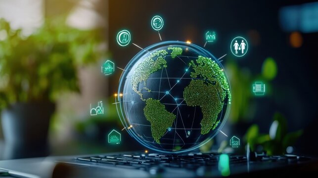 A globe surrounded by green energy icons, with carbon credit symbols orbiting the planet