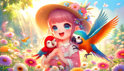 Naklejka premium Girl and Parrot: Friendship in Nature