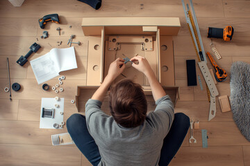 DIY enthusiast assembling flat-pack furniture, with instruction manual and screws spread out on the floor.