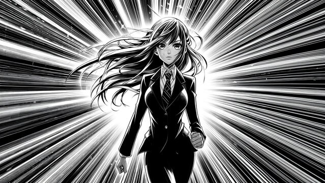 Dynamic black and white manga style illustration of young businesswoman in suit, walking forward with a powerful dramatic radial burst background