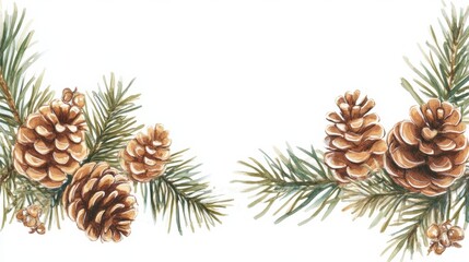 Fototapeta premium Two pine cones and a branch with some leaves on it, AI