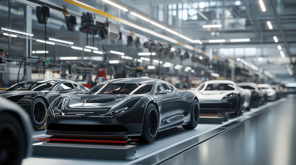Advanced assembly line with hybrid cars in various stages of production