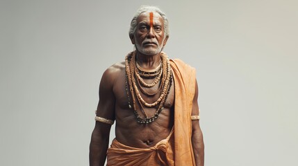 Elderly man in traditional attire and spiritual accessories poses confidently in a serene environment