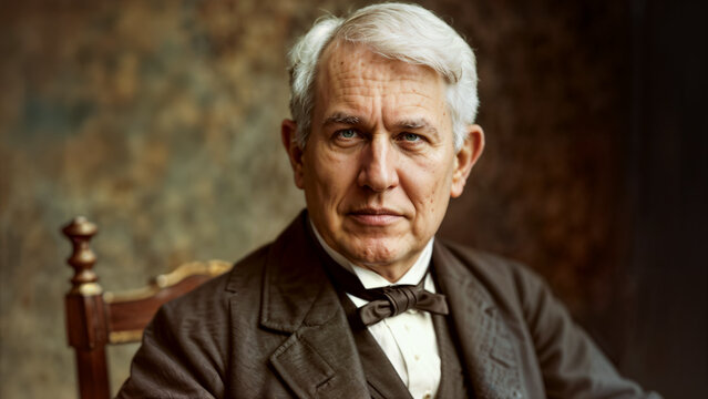 Older man with white hair in vintage suit and bow tie embodying  Thomas Alva Edison, sitting on wooden chair. He exudes confidence and wisdom. Elegant 19th-century historical style.