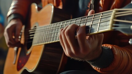 Fototapeta premium A person playing a guitar with their left hand, AI