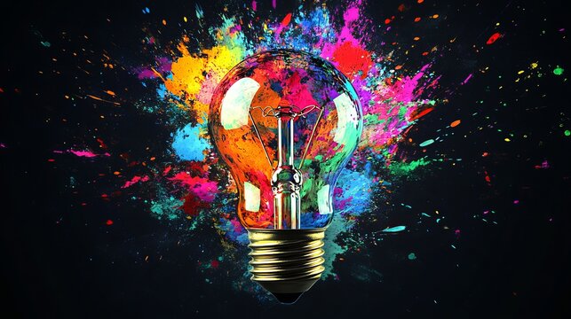 Creative light bulb explodes with colorful paint and splashes on a black background. Think differently creative idea concept