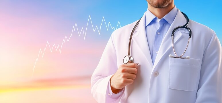 Famous doctor with stethoscope and Earth icon on health care theme background