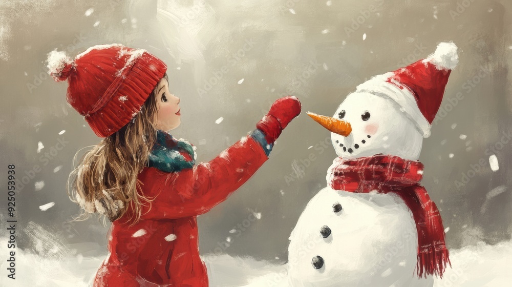 Poster a little girl in red hat and gloves playing with a snowman, ai