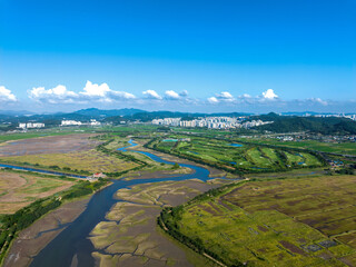 Siheung-si, Gyeonggi-do, South Korea - July A, 2022: Aerial view of tidal channel and mud flat near the sea against golf course and apartments in summer