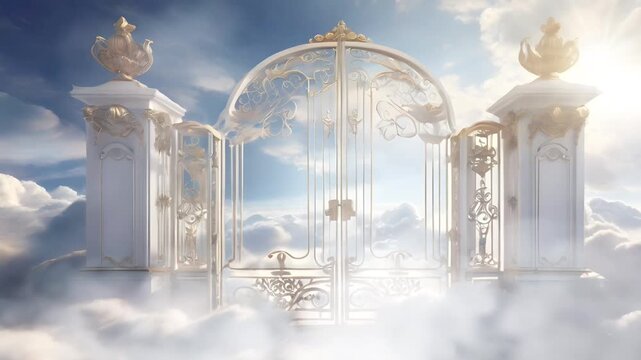 The majestic white gate to heaven above the white clouds. Seamless 4K looping timelapse video animation background