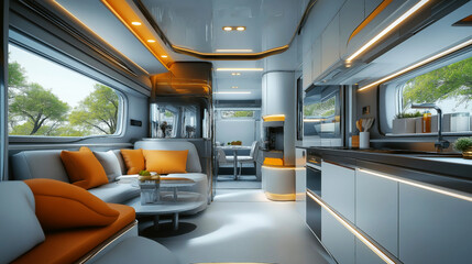 Fototapeta premium Modern, luxurious interior of a camper or RV, featuring sleek design, open kitchen, comfortable seating with orange pillows, and large windows with outdoor views.