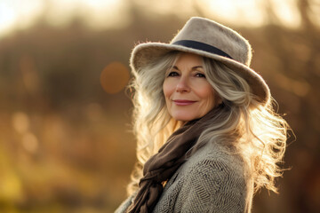 Charming older woman in a stylish hat enjoys a serene moment outdoors during sunset