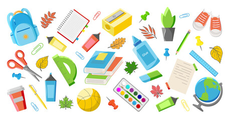 Set trendy Stickers Supplies for kids. Collection Modern school elements. Cartoon education stickers. Back to School icons, book, pencil, pen, backpack, globe, ruler, scissors, sneakers, paints, glue.