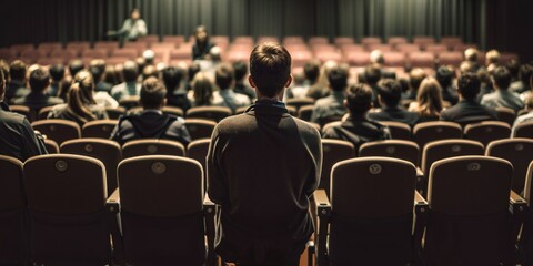 A young businessman asks a question during a business lecture in the conference room