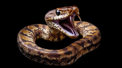 Obraz premium A snake coiled in a defensive position, with its head raised and mouth open, illustrating the protective instincts of reptiles.