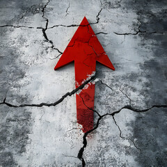 Red arrow pointing upward, breaking through concrete and splattered textures, symbolizing growth, progress, and determination against challenges in a bold and dynamic representation