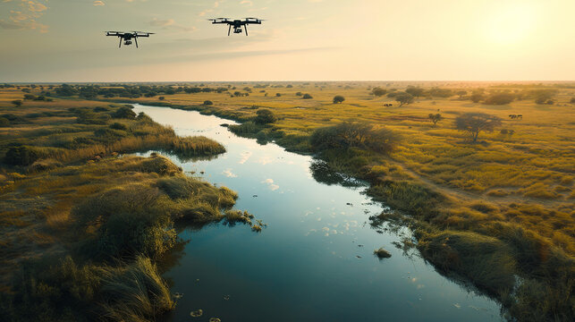 Two drones fly above a sprawling wildlife reserve during sunset, capturing data and monitoring the natural landscape.