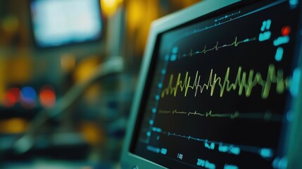 Vital Signs Monitoring: Close-up EKG Displaying Patient's Heart Rate in Medical Facility