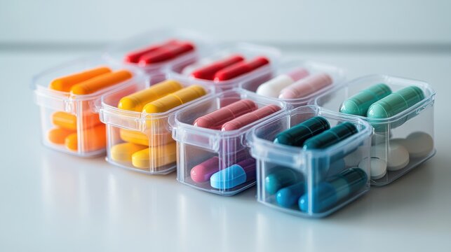 Organized Pill Box with Colorful Pills Sorted by Day for Medication Management